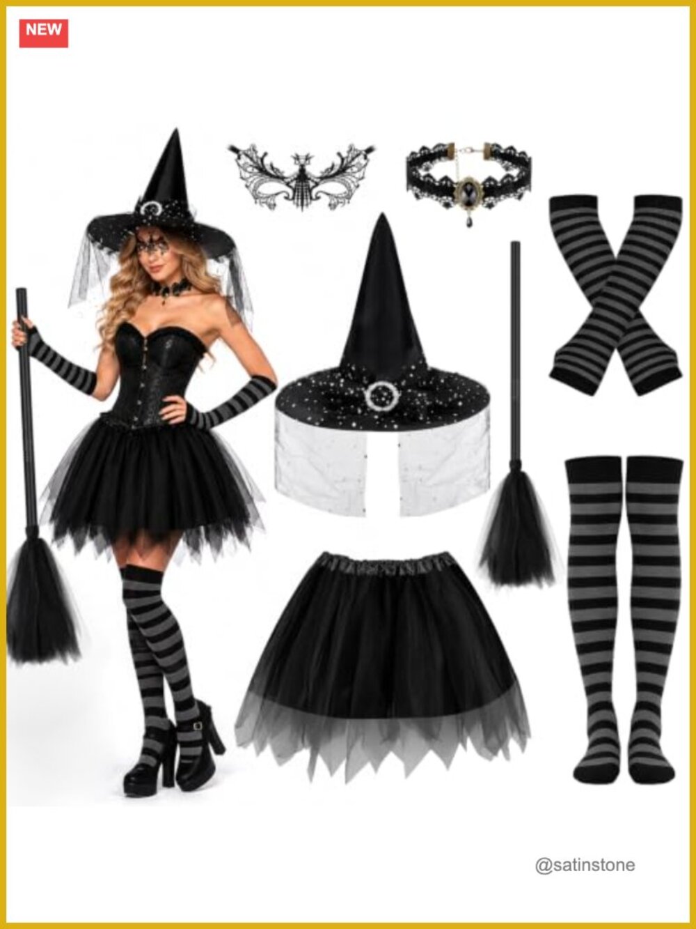 Women's Witch Costume Set Tutu Skirt Hat Choker Cosplay Halloween